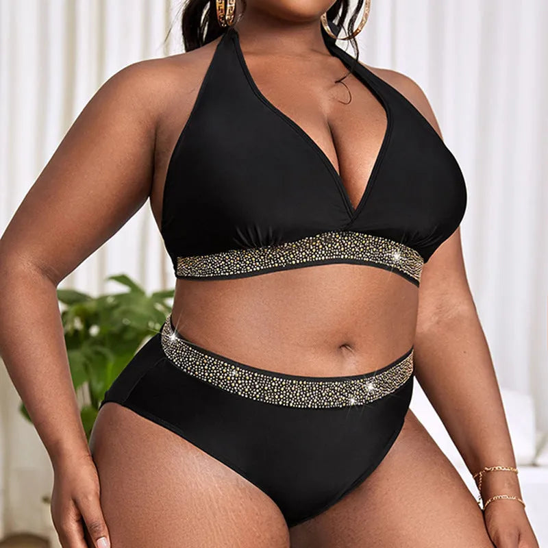 Plus size black women's two-piece bikini swimsuit on a hanger