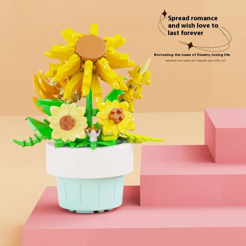 Micro diamond particle potted building blocks set in Smile to the Sun flower design, displayed in colour box packaging