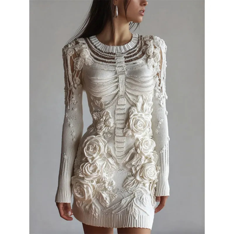 Halloween 3D printed long sleeve narrow dress with v-neck in black colour
