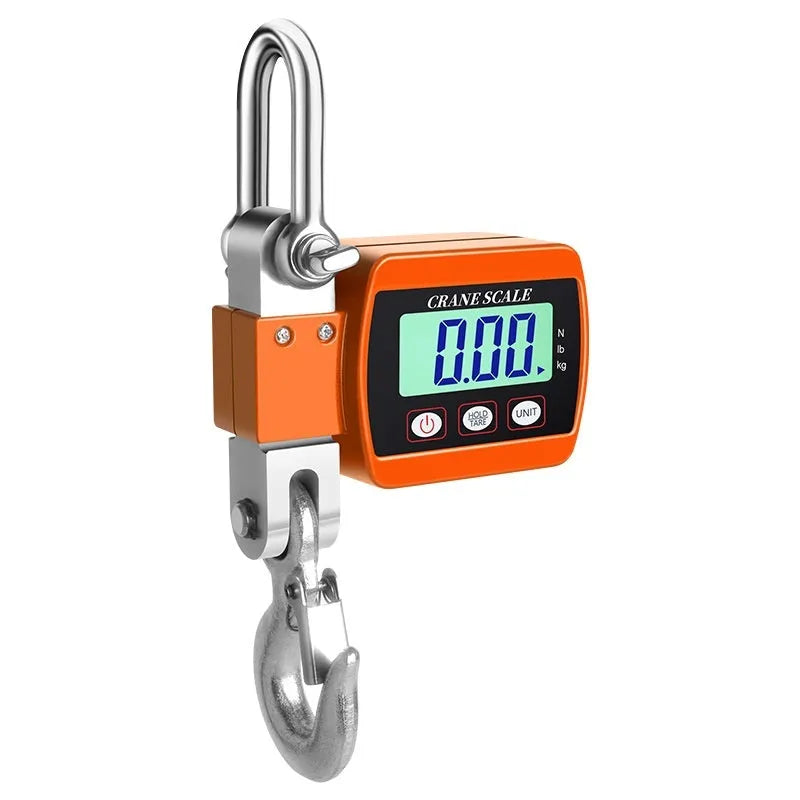 Electronic digital hook scale in orange, blue, or white showing digital display and metal hook.