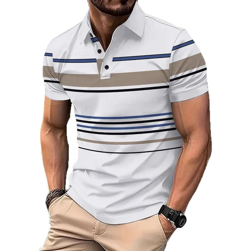 White striped men's short sleeve T-shirt on hanger showing slim fit styling