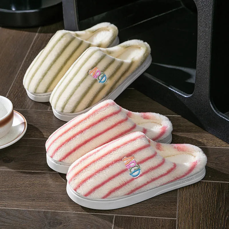 Cotton cloth vertical plush slippers in pink, green, purple, gray, coffee for men and women