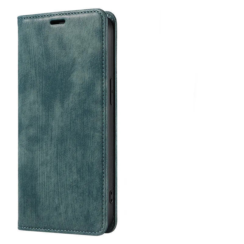 Magnetic flip leather phone case for iPhone in assorted solid colours, showing closed and open views.