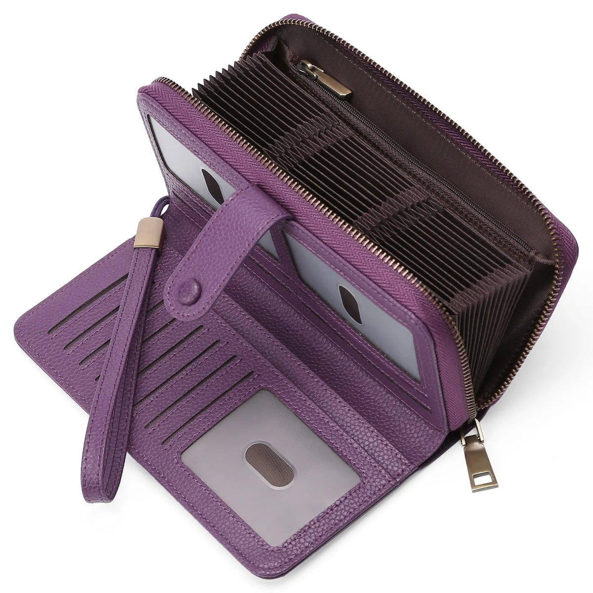 Expanding card holder women's long wallet in light brown PU leather with sewing line detail and anti-theft swiping feature.