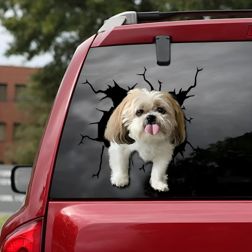 Reflective vinyl window sticker showing a humorous tearing dog body silhouette in three size options.