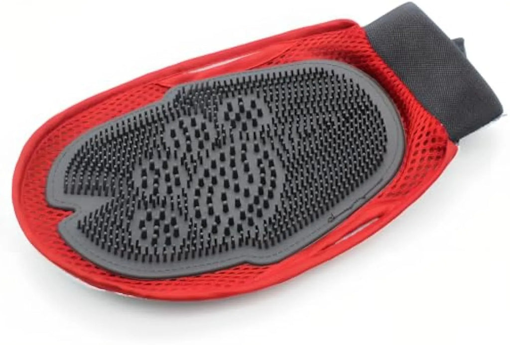 Red pet bathing glove grooming mitt with integrated cleaning brush tool for dog cat washing