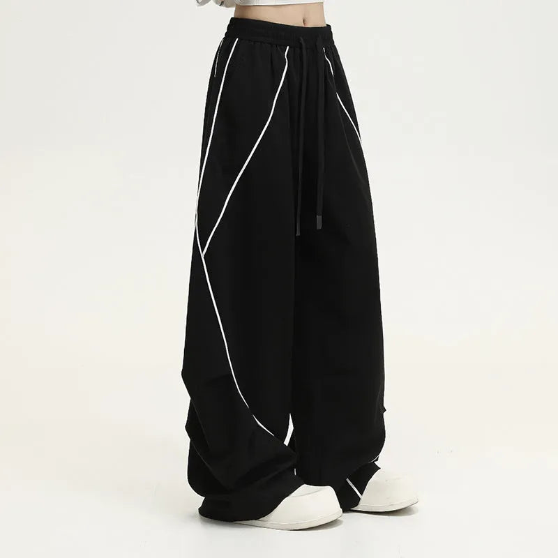 Black striped wide-leg sports trousers with pleated mid waist for hip hop dance