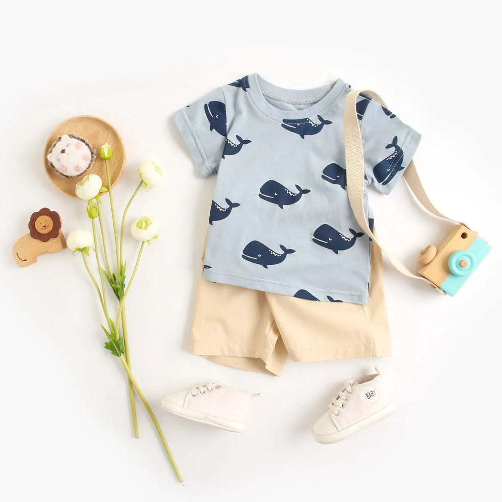 Boys cartoon animal print cotton summer suit with blue whale design, top and pants set