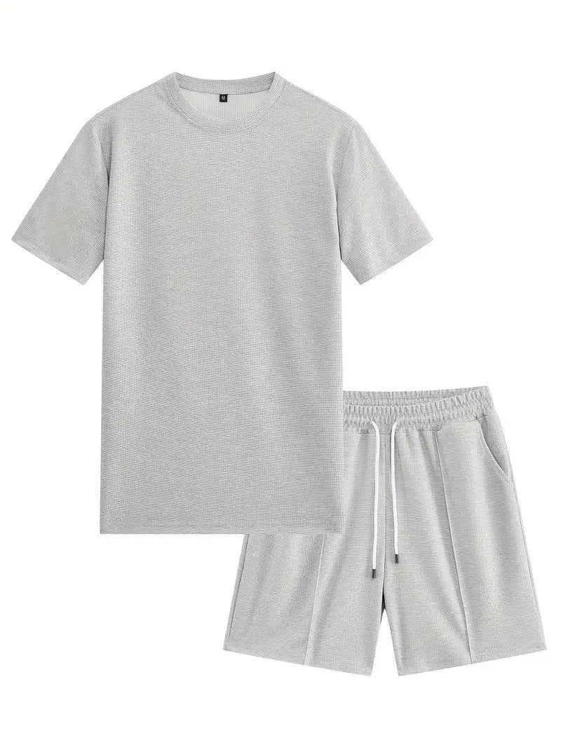 Men's apricot waffle texture short sleeve blouse and matching shorts laid flat.