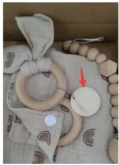 Baby teething toy gift set with bamboo cotton blanket and natural beech wood components