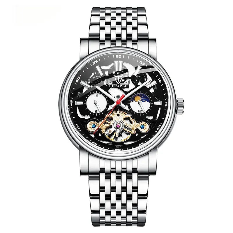 Men's tourbillon mechanical watch with luminous hands on a black leather strap