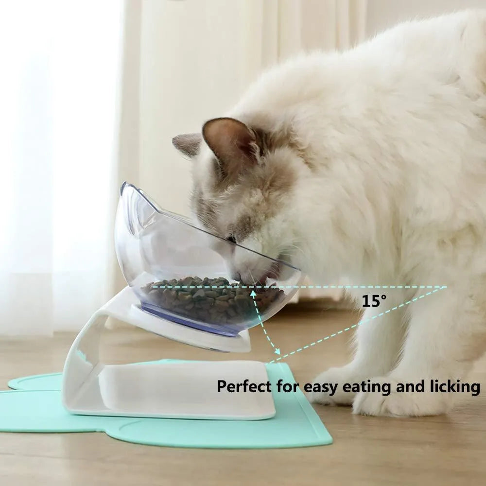 Non slip double cat bowl with raised stand transparent plastic pet feeder for dogs and cats