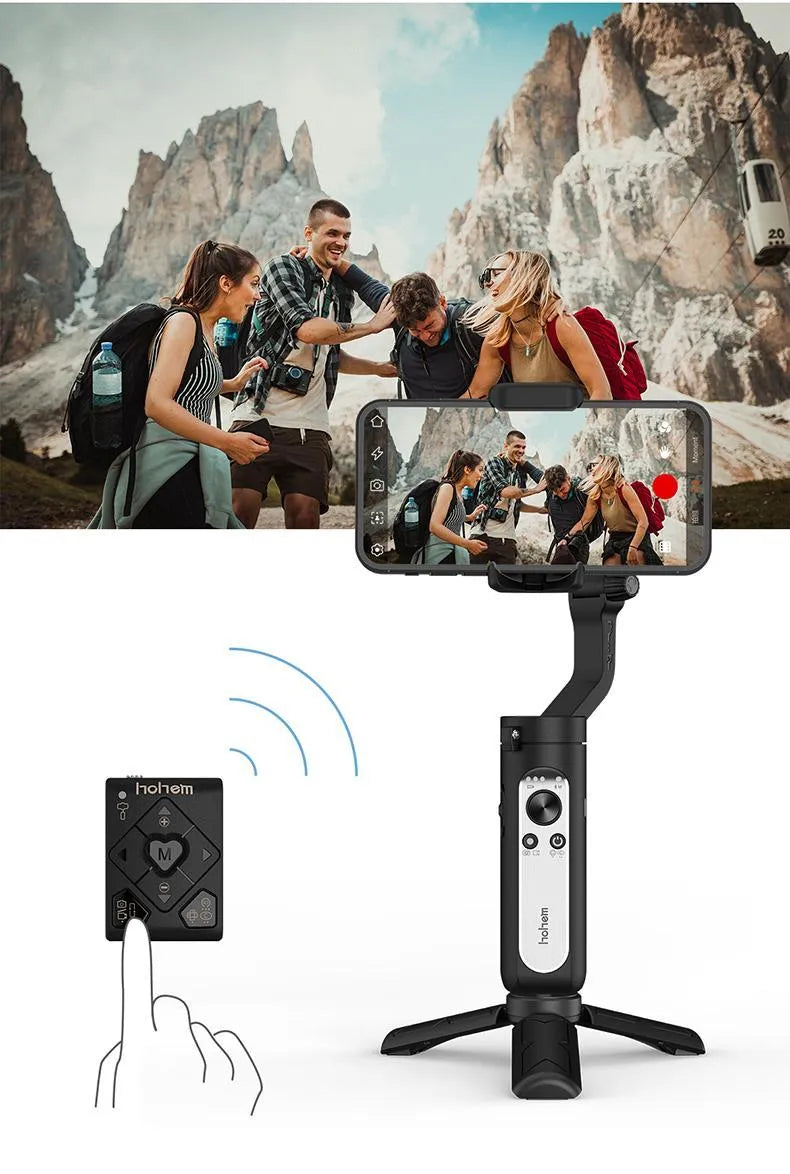 Smart anti-shake selfie stick stabilizer in black, folded, plastic construction, compact size