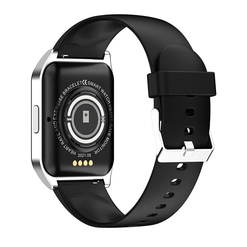 Black smartwatch with a 1.69-inch screen and silicone strap on a wrist, displaying a heart rate graph.