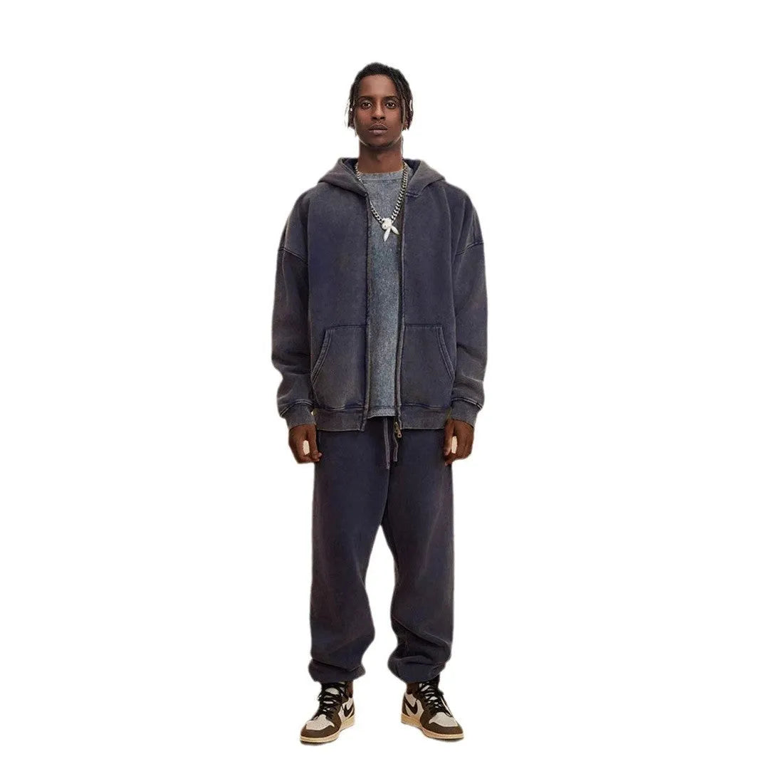 Men's washed cotton hooded cardigan with fleece lining and double zipper front.