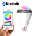 E27 LED smart bulb with Bluetooth speaker functionality showing dimensions and RGB lighting