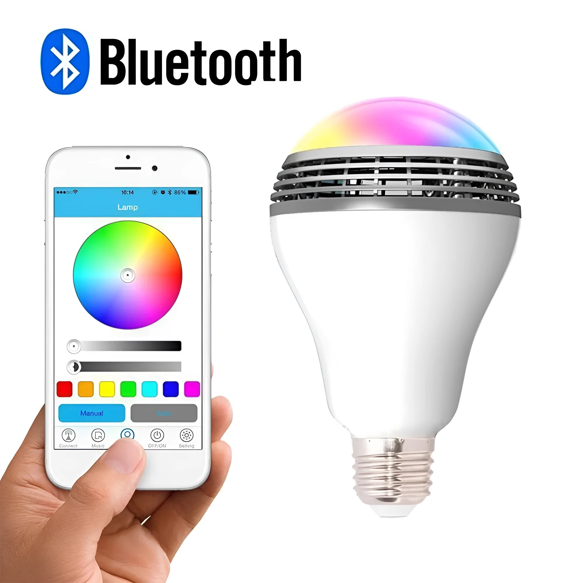E27 LED smart bulb with Bluetooth speaker functionality showing dimensions and RGB lighting
