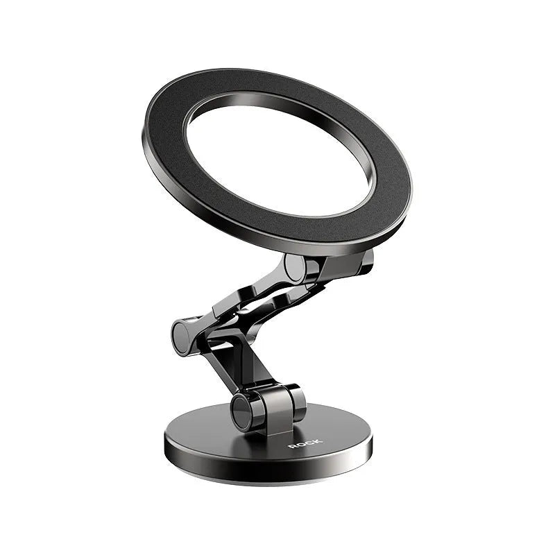 Car magnetic foldable metal bracket in black mounted on dashboard with phone attached