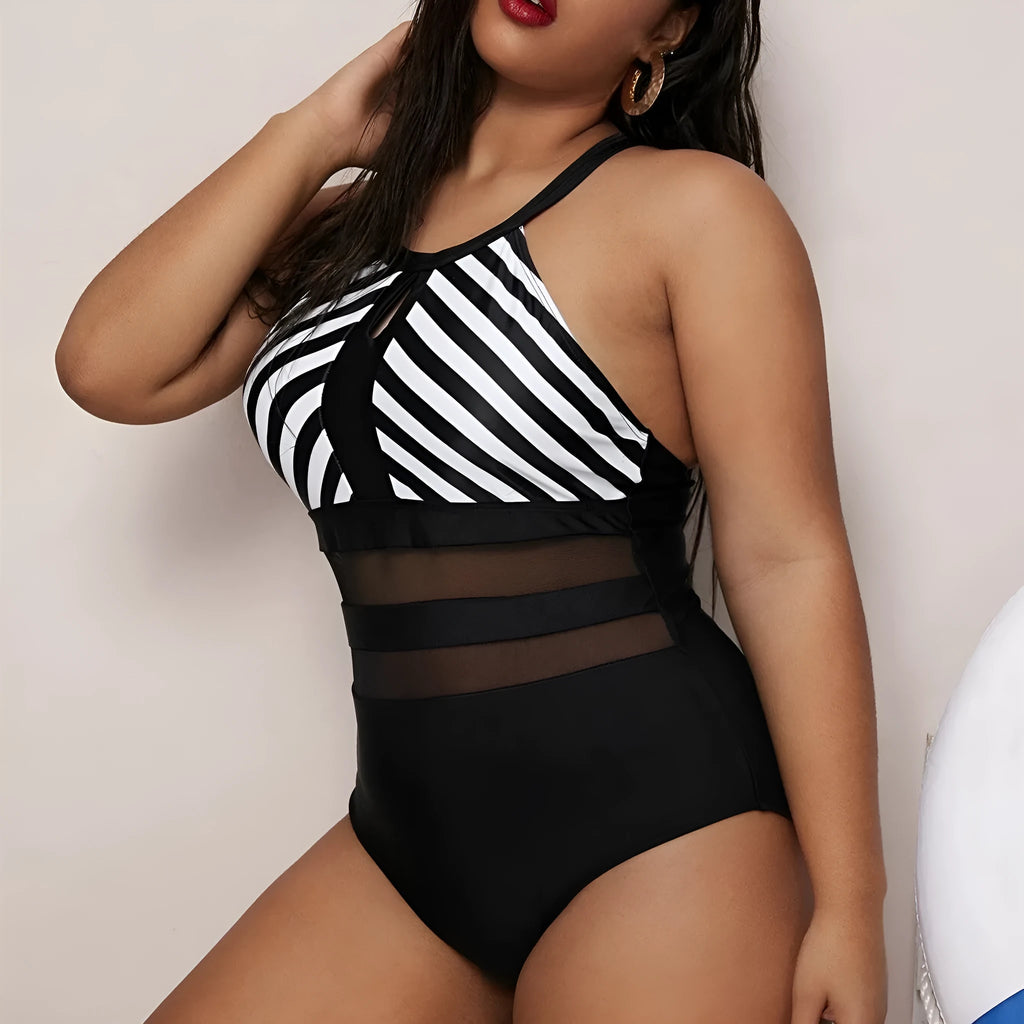 Backless striped stitching one-piece swimsuit for women, plus size option, black polyester swimming and wading swimwear
