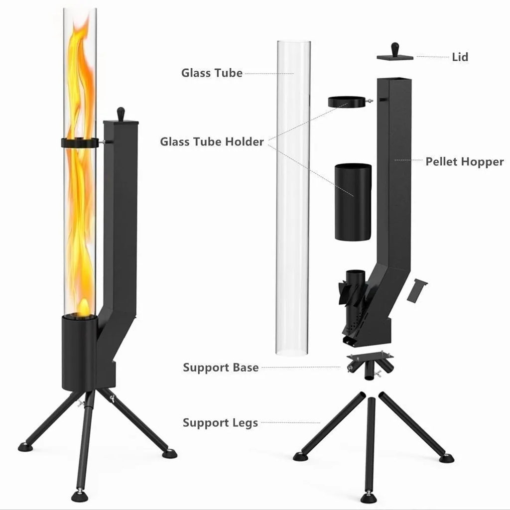 Vertical iron wood burning rocket furnace outdoor heating stove with visible flames