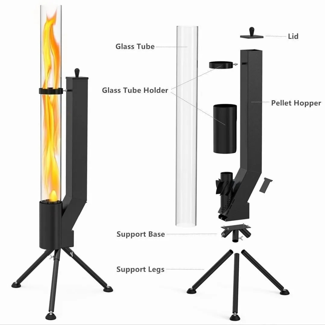 Vertical iron wood burning rocket furnace outdoor heating stove with visible flames
