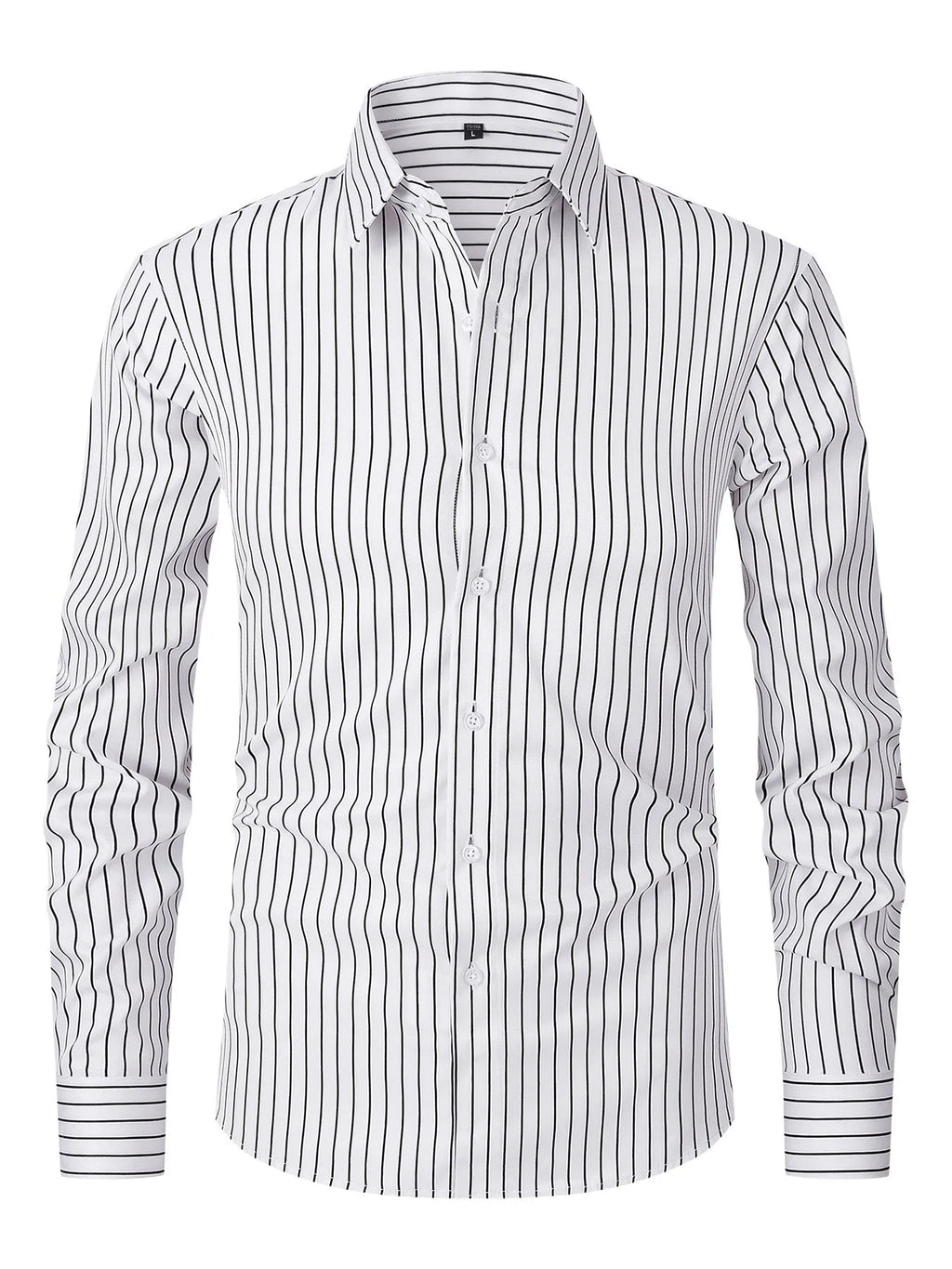 Men's striped ice silk long sleeve business formal shirt in white stripes, slim fit, polyester blend cardigan style