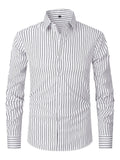 Men's striped ice silk long sleeve business formal shirt in white stripes, slim fit, polyester blend cardigan style
