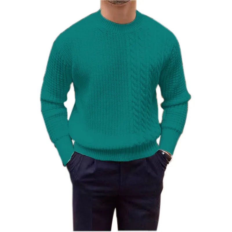 Men's coarse yarn knitted pullover sweater with twisted string design, available in white, black, wine red, khaki, green, and pink.