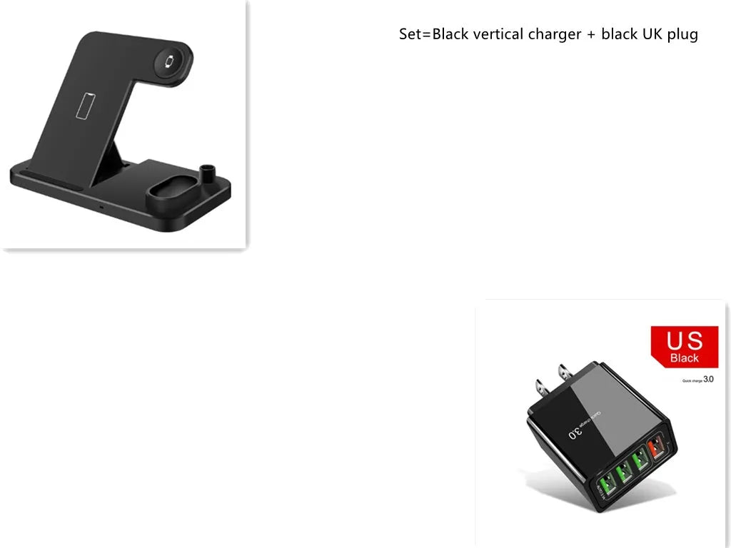 Black 4-in-1 wireless charging station with phone on adjustable stand, Apple Watch, and AirPods charging.