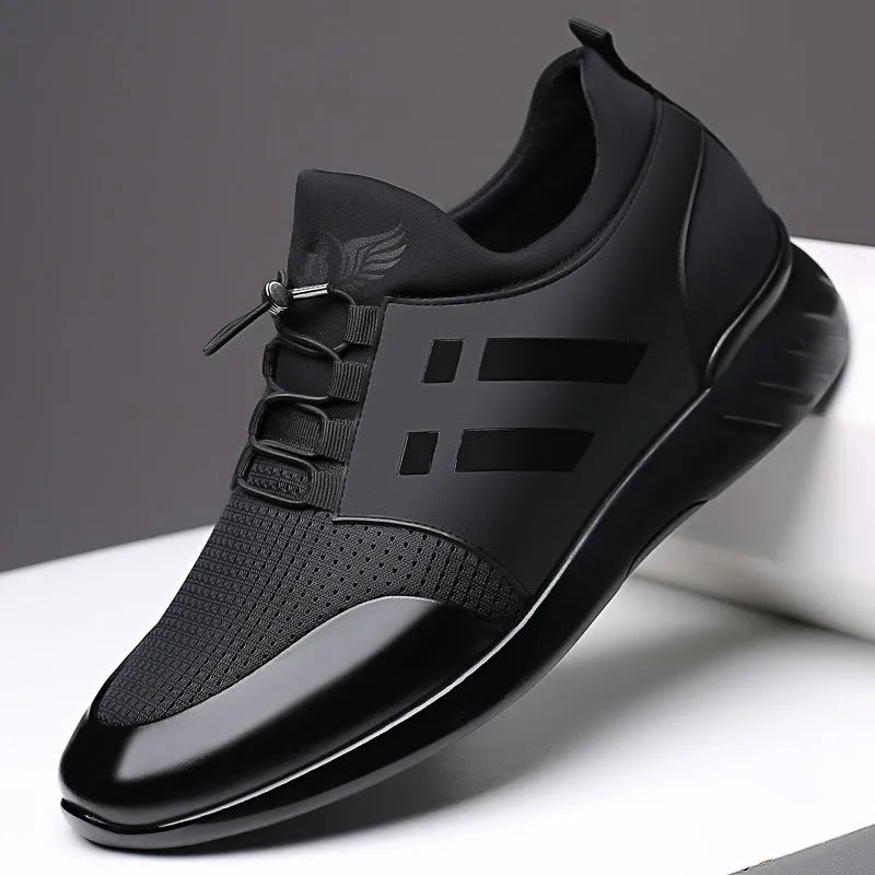 Men's black genuine leather height increase casual shoes with round toe and chunky heel.