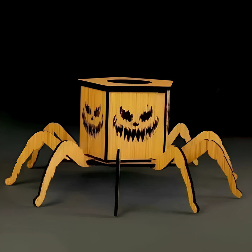 Wooden spider-shaped mini lantern candlestick Halloween decoration on a table