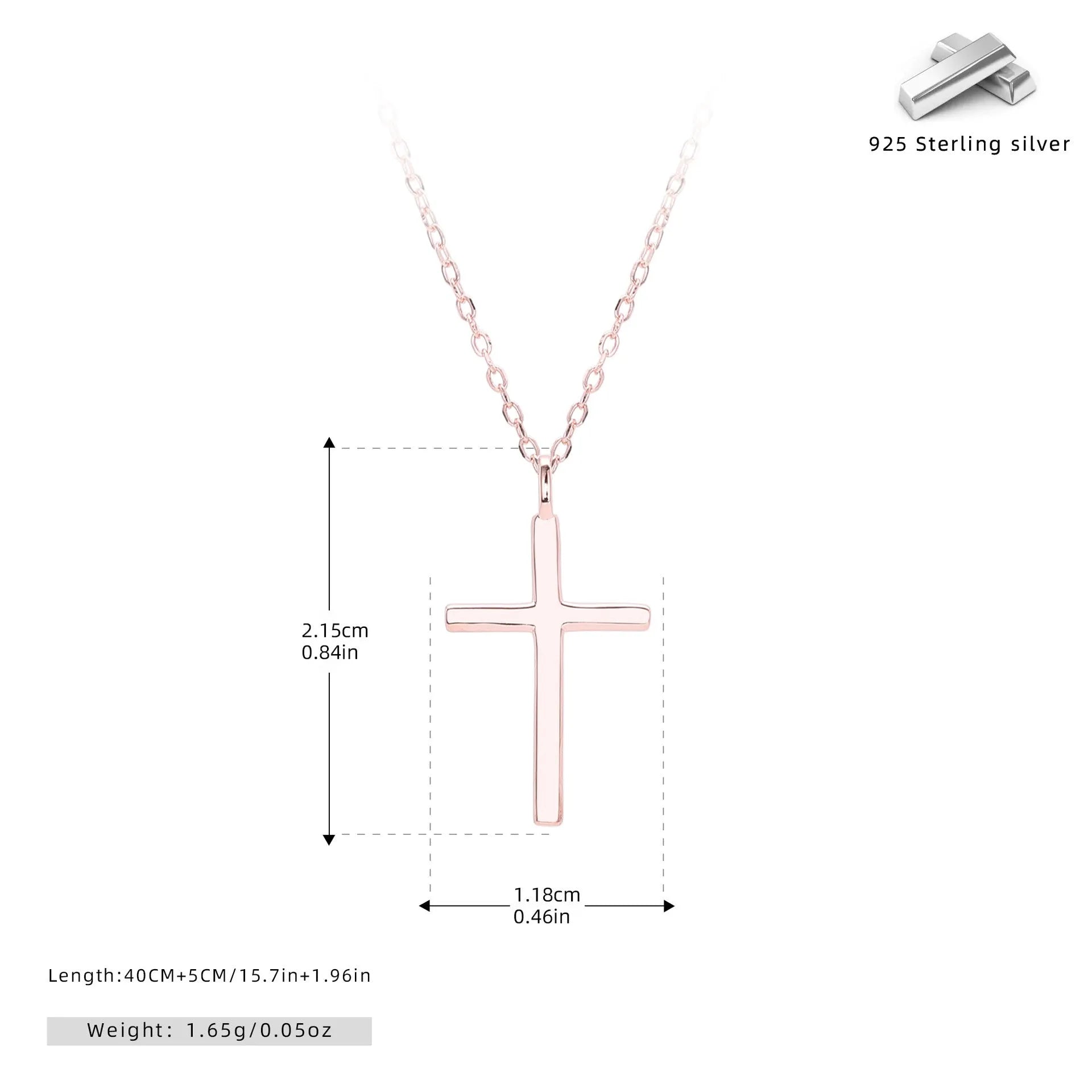S925 sterling silver necklace with glossy cross pendant on O-shaped chain