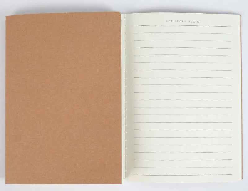 Softcover thread-bound notebook open on a table, showing flat-lay binding and lined paper.