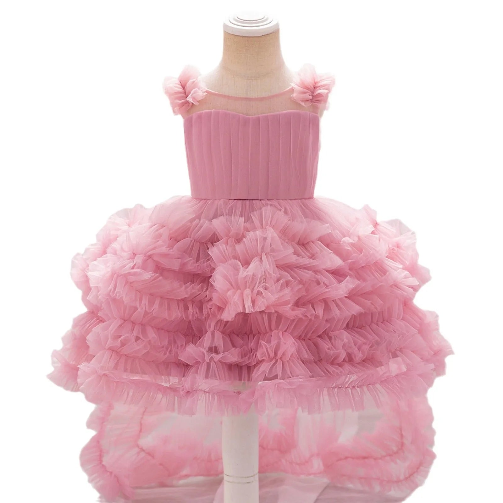 New Children's Sleeveless Mesh Long Dress in Bean Pink for Girls, Trueran Fabric, Available in Multiple Sizes