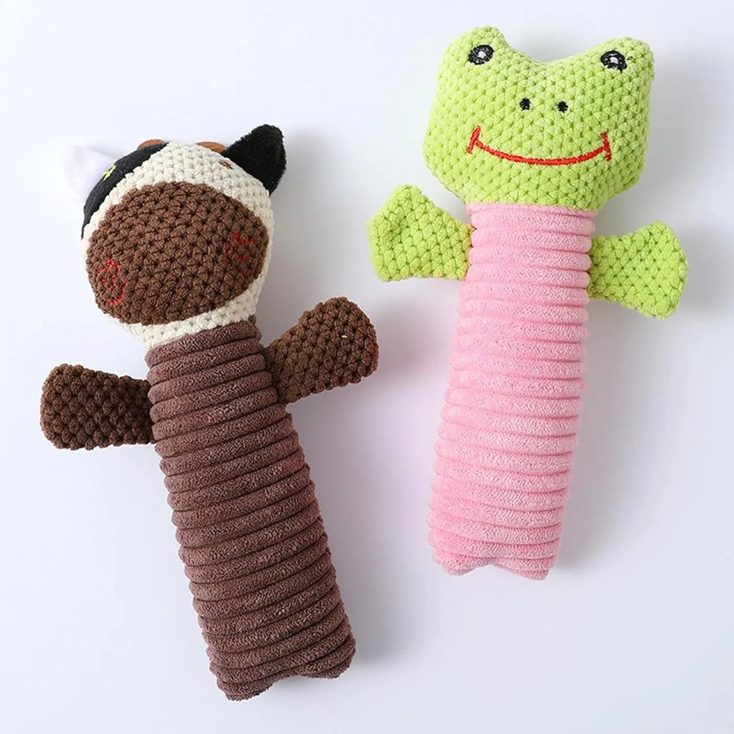 Squeaky plush dog chew toy in animal shape for dental cleaning, 19cm size suitable for all breeds