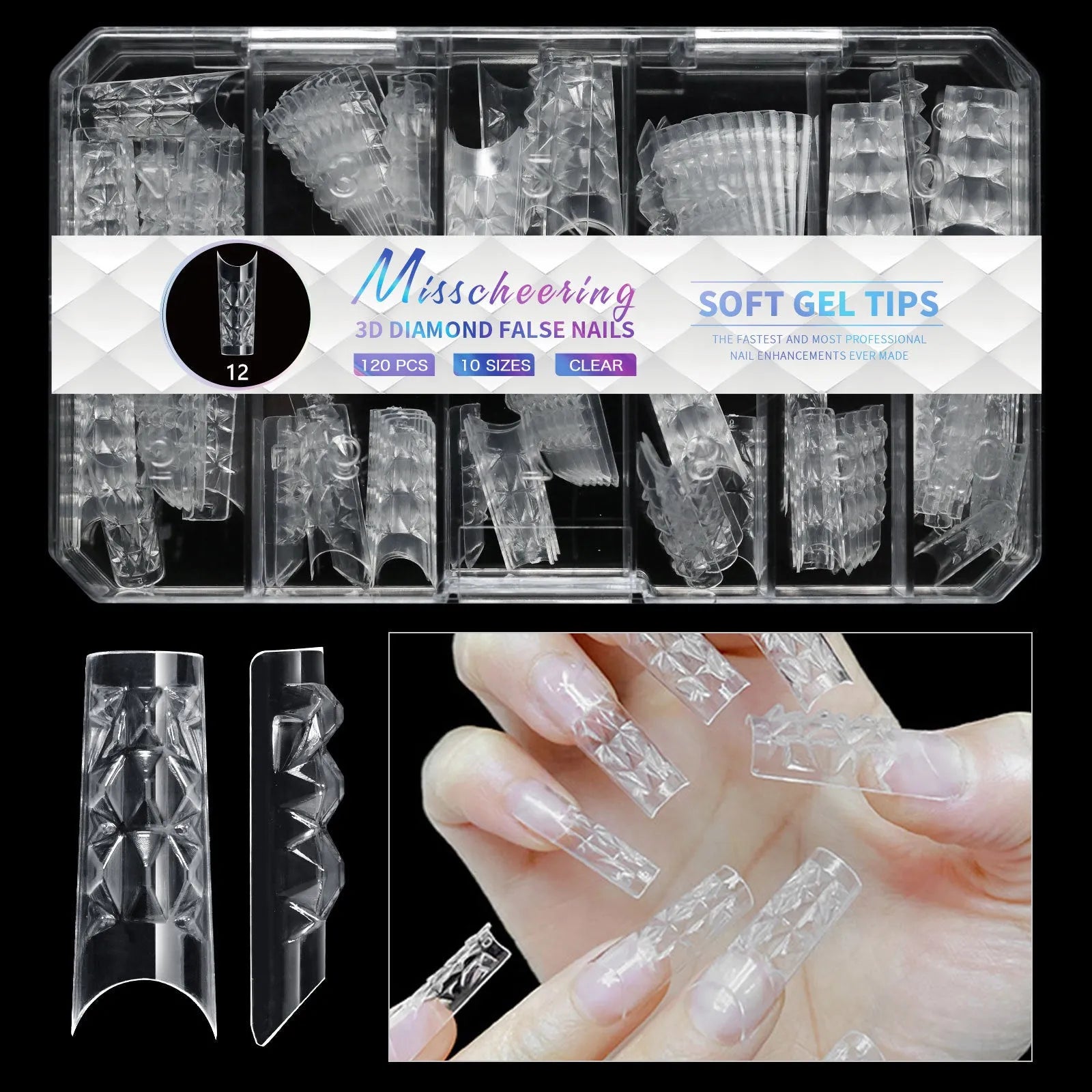 Box of long, shaped false nail tips with glittering diamond texture in various pink and white colours.