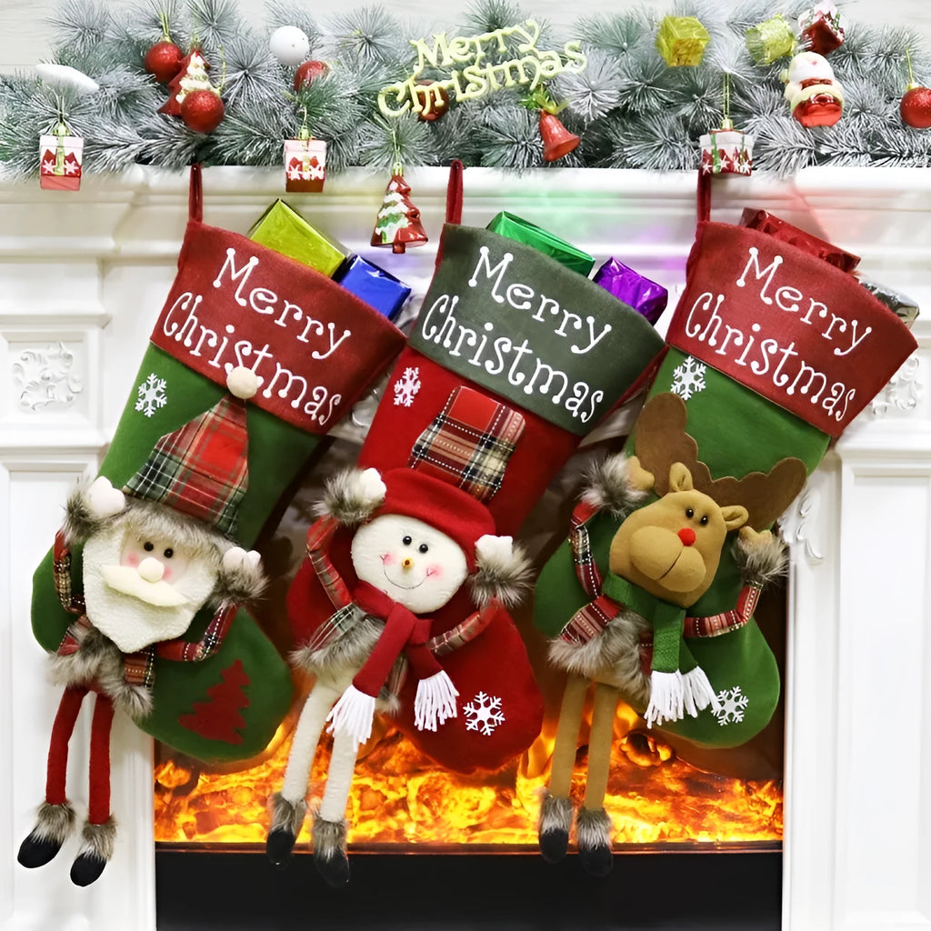 Three large Christmas stockings with Santa, Snowman and Reindeer 3D designs hanging for holiday decoration