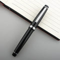 Short pocket business pen with resin body and stainless steel nib, shown with gold clip