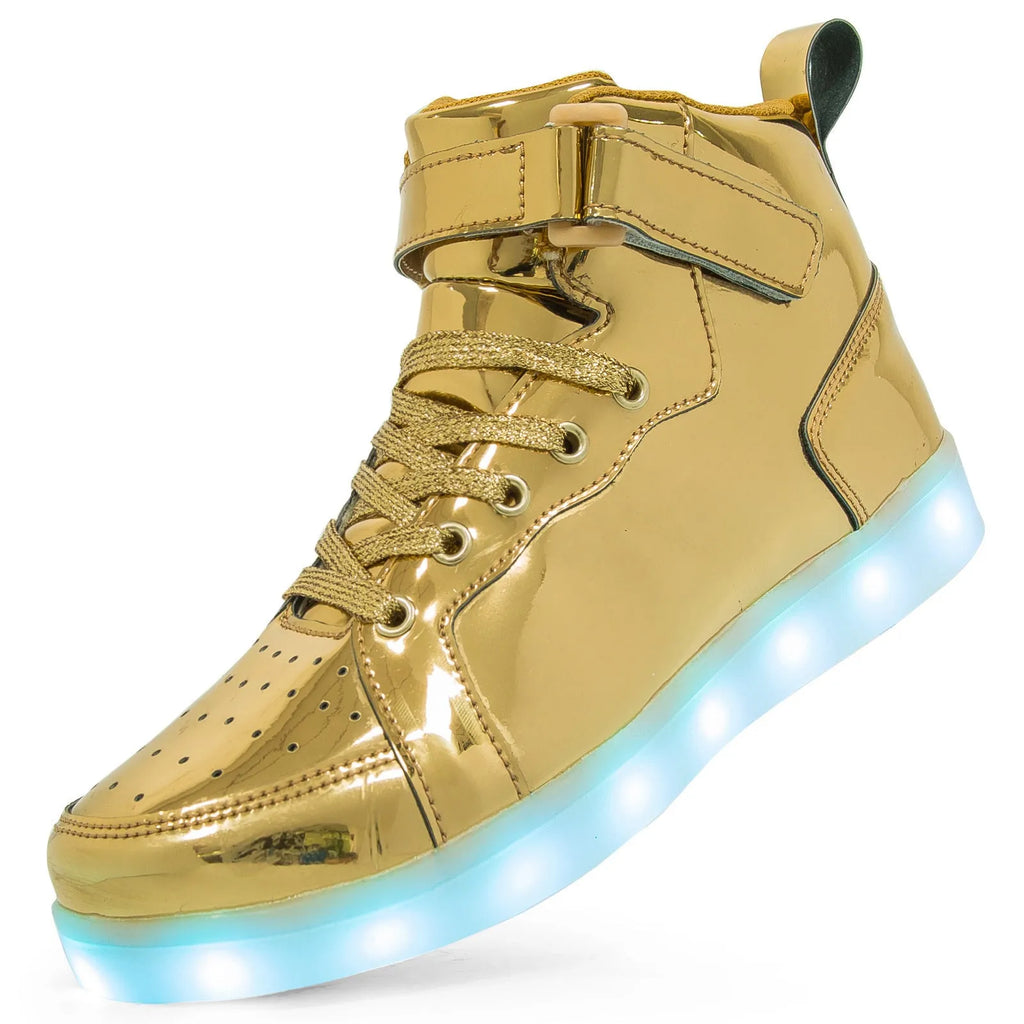 Black high-top LED sneakers with Velcro strap and lit-up soles on a dark background.