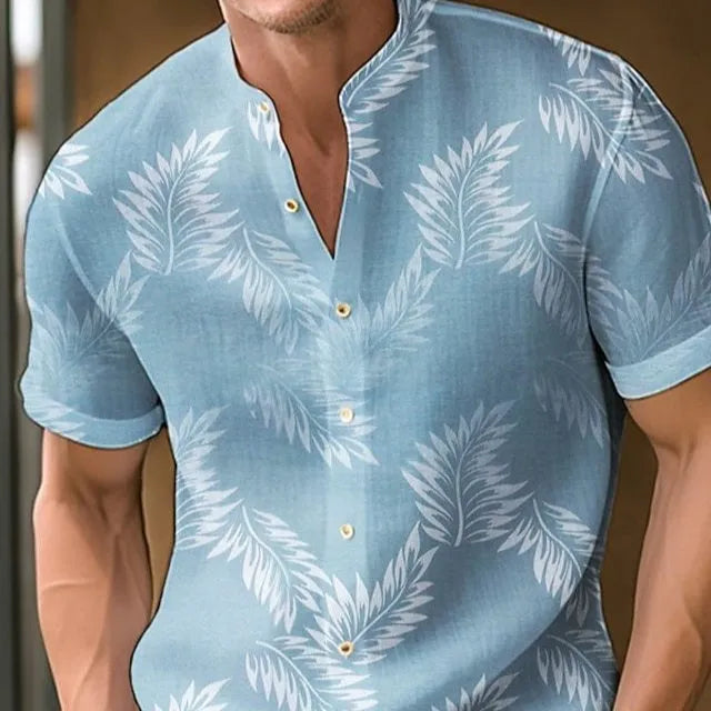 Men's printed casual short sleeve shirt on a hanger, showing one of eight available colour options.