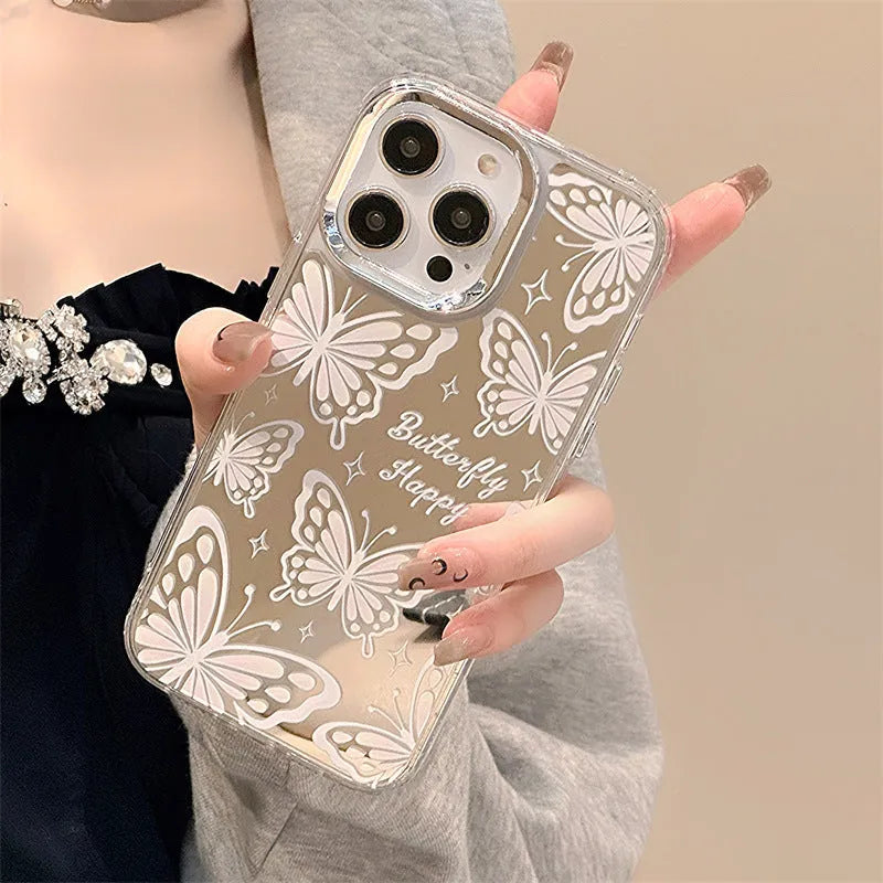 Clear iPhone 15 Pro Max case with 3-in-1 mirror and bow decoration on transparent TPU
