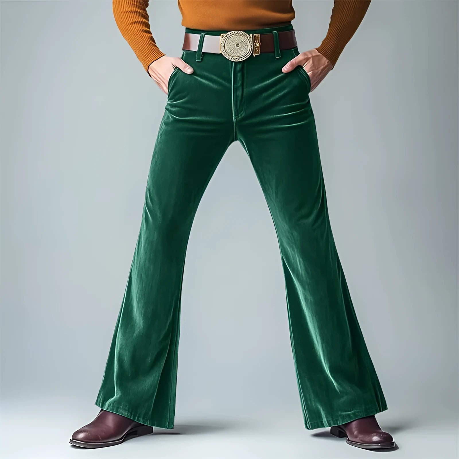 Men's gold velvet slim flared suit pants in black colour showing slight flare detail