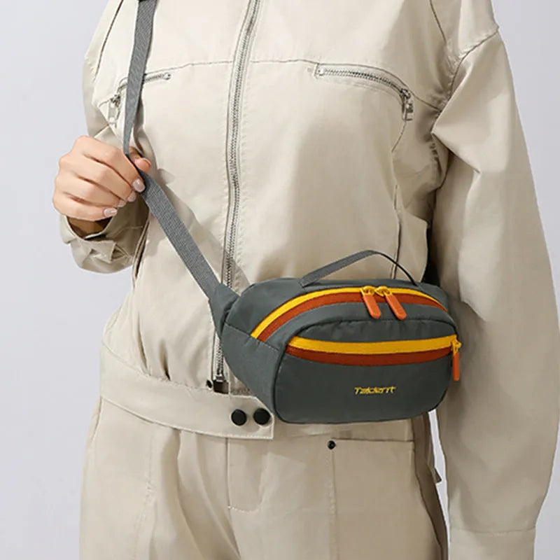 Nylon one-shoulder waist bag 2 litre dopamine colour with chain detail, outdoor leisure style
