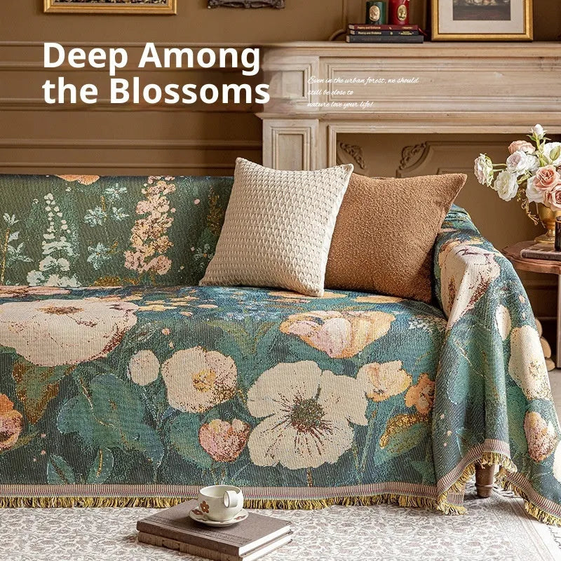 Oil painting cotton braided sofa slipcover with geometric pattern on a beige sofa, vintage colours, full coverage design