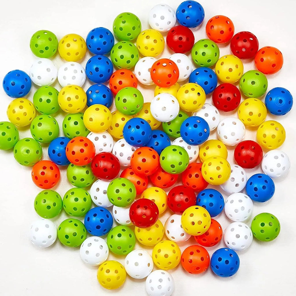 24 multi-colour 42mm golf practice balls in red, orange, blue, green, white, yellow stored in mesh net bag