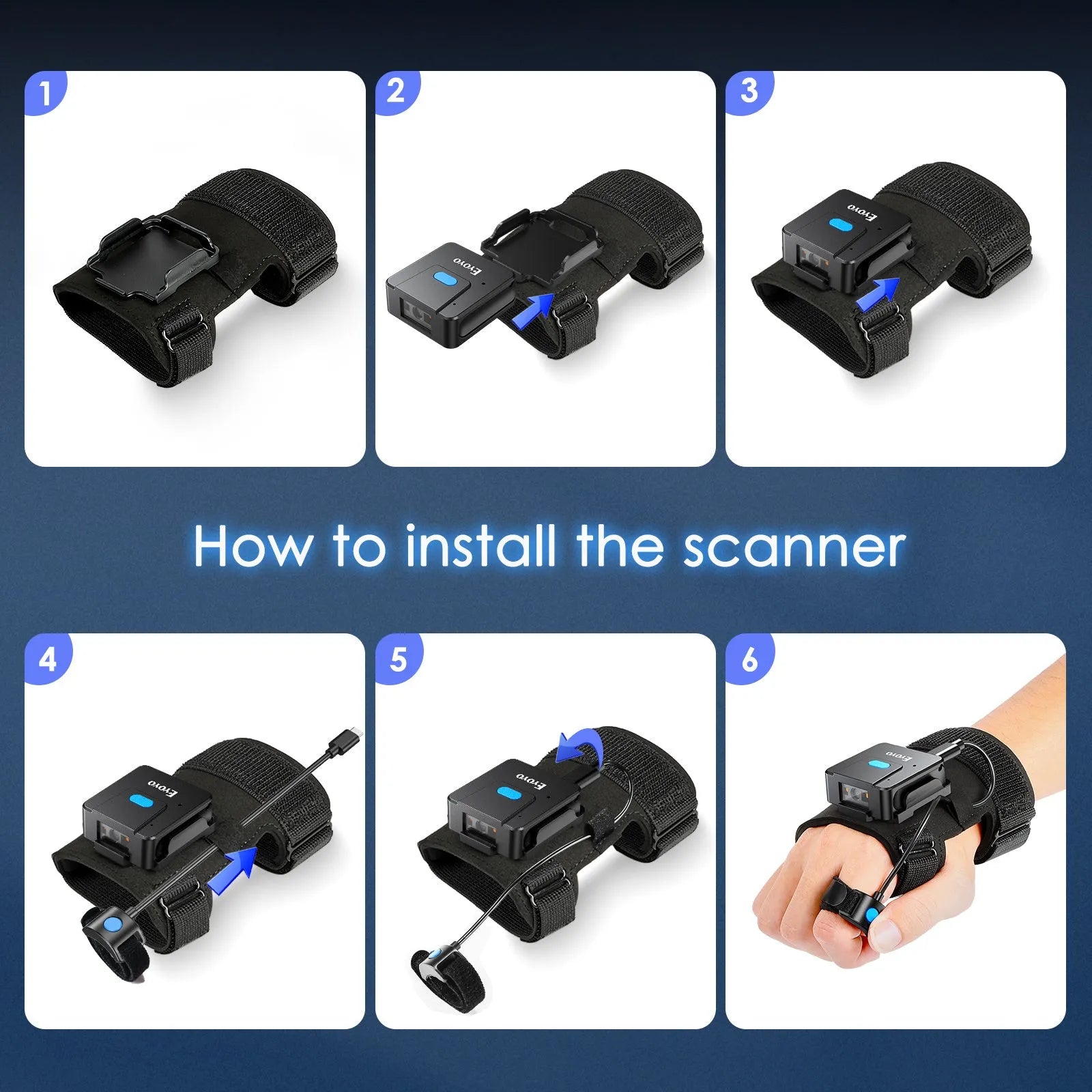 A person wearing a Bluetooth barcode scanner mounted on a wrist glove, scanning a product package.