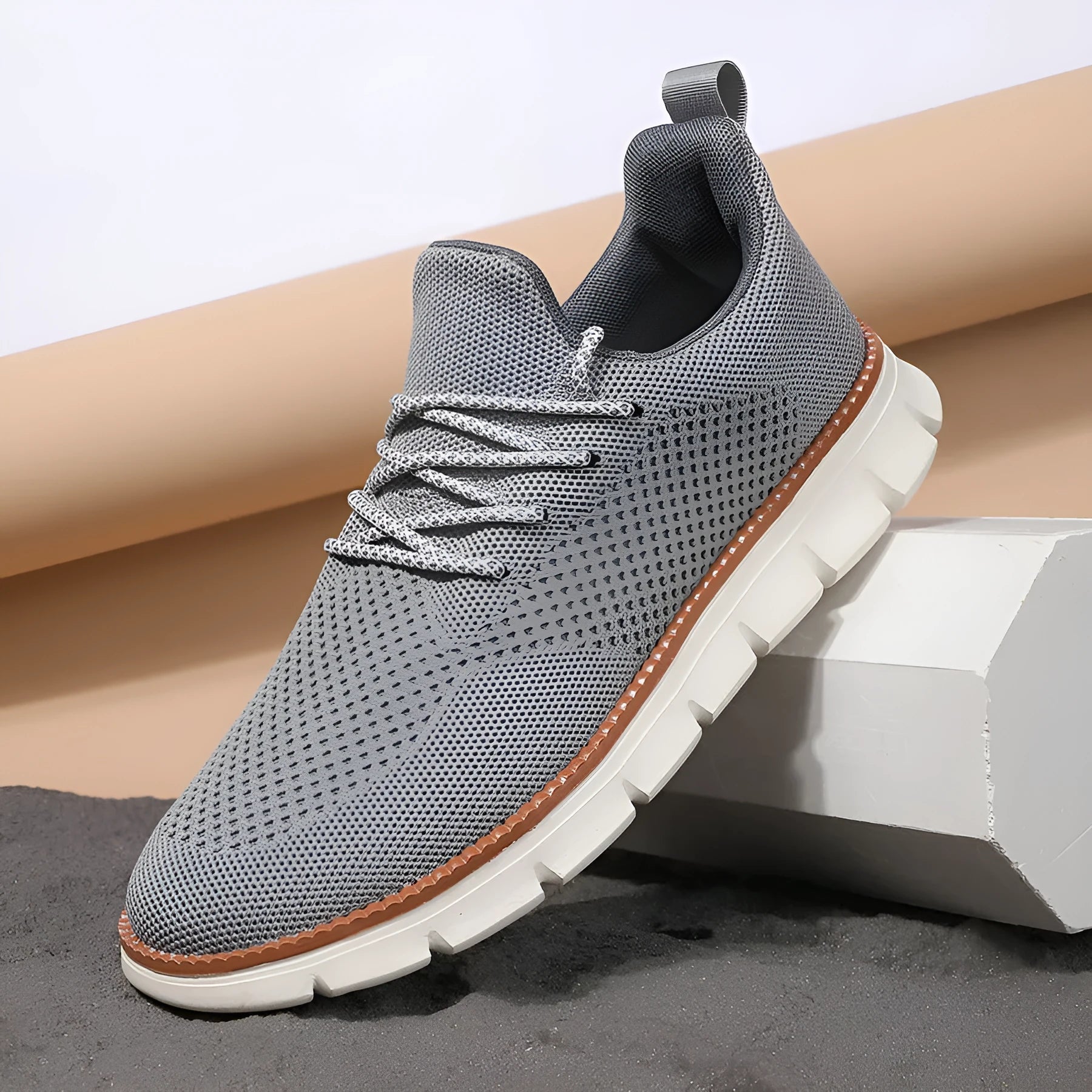 Men's grey and black mesh casual sneaker with round toe and low heel