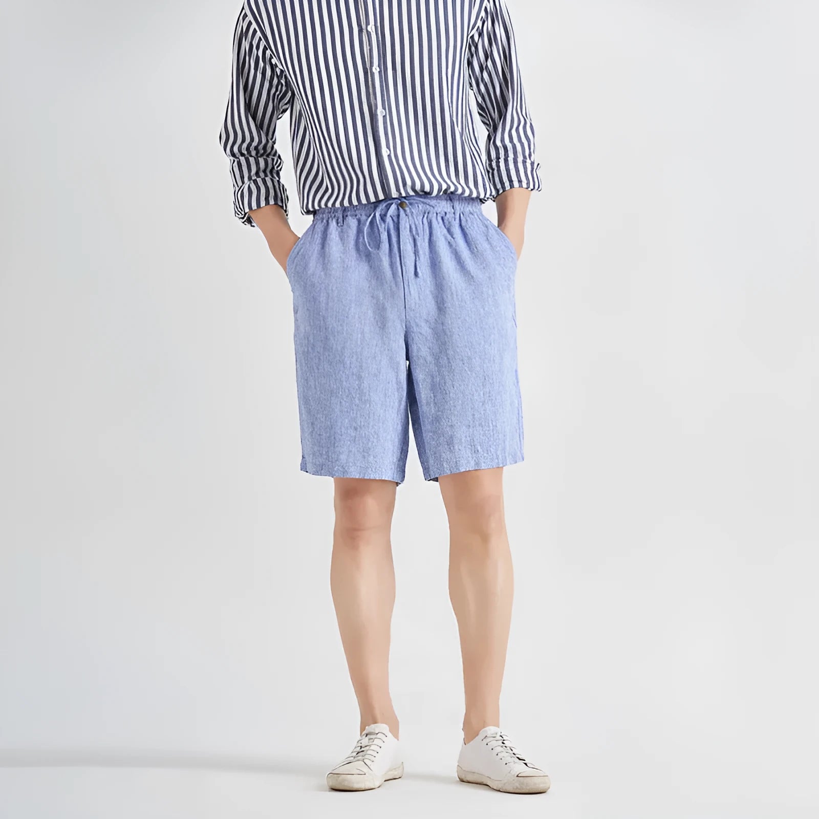 Men's summer thin loose tapered linen pants in black, high waist, loose fit