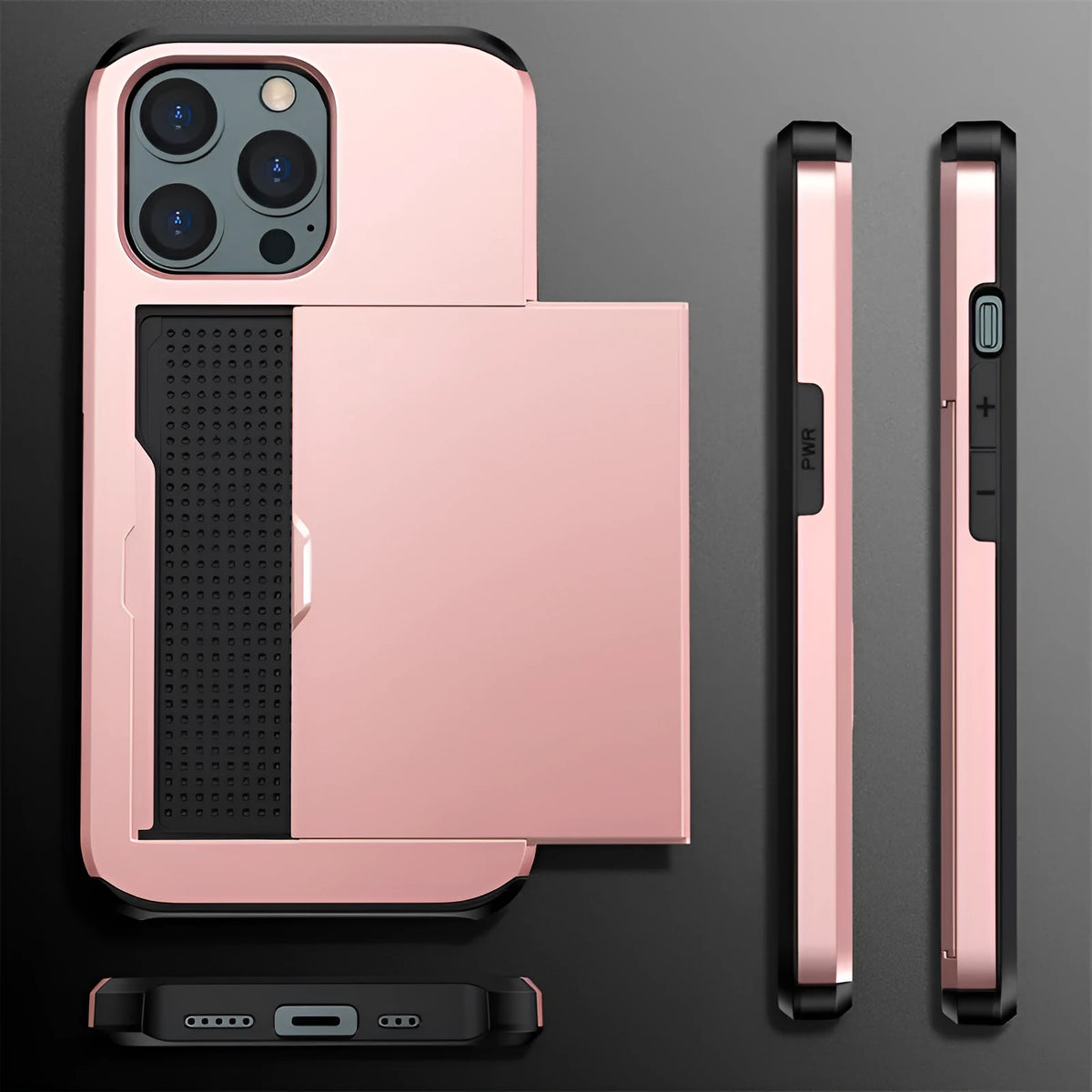 Two-in-one TPU PC phone case with sliding card holder, raised lips, and matte finish in Army Green