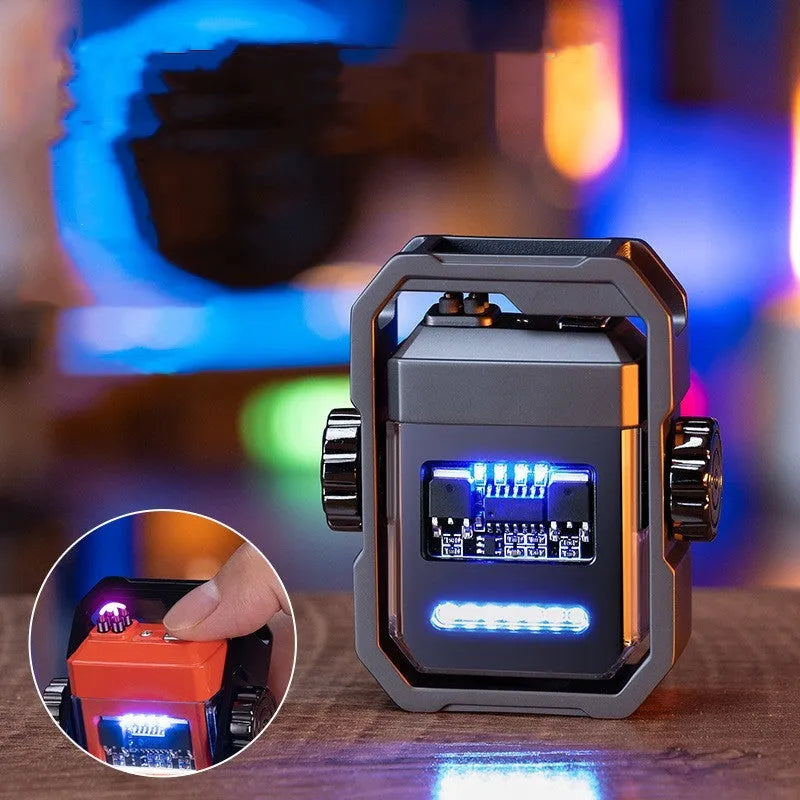 Blue Double Arc Pulse Lighter showing folded design, electric spark, and rotary gyroscope.